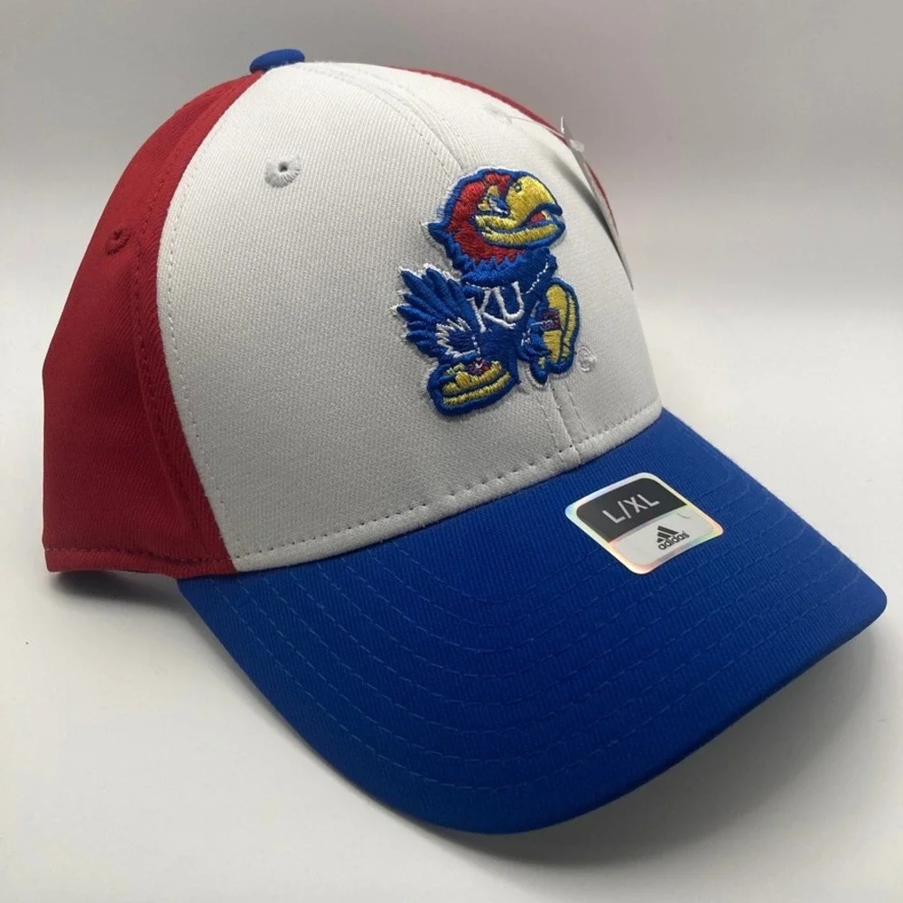 NWT‎ Adidas Kansas University KU Jayhawk Cap L/XL Multi Color Structured Flex